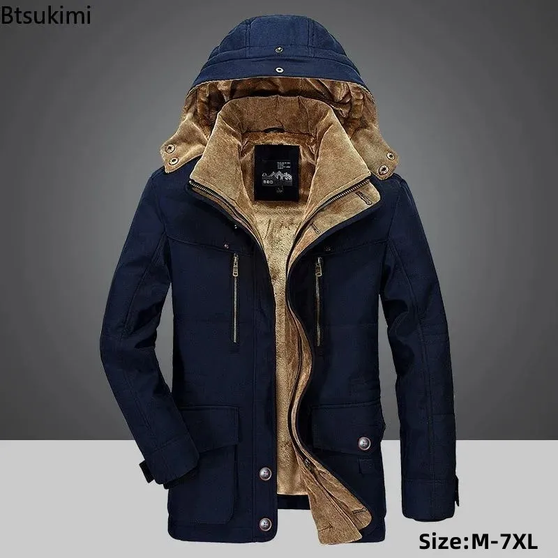 New Men's Winter Parkas Jackets Fleece Lined Thicken Multi Pocket Cargo Jackets Man Windproof Warm Cotton-padded Coats Plus Size