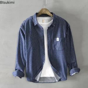 Classic Striped Versatile Casual Long Sleeve Shirts Spring Men's Single Breasted Loose Cardigan Cozy 100% Cotton Shirt Coat Male