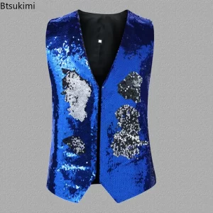 2025 Men's Double-sided Sequins Design Waistcoats Bar Stage Singer Performance Costumes Shinny Gradient Nightclub Dance Clothes