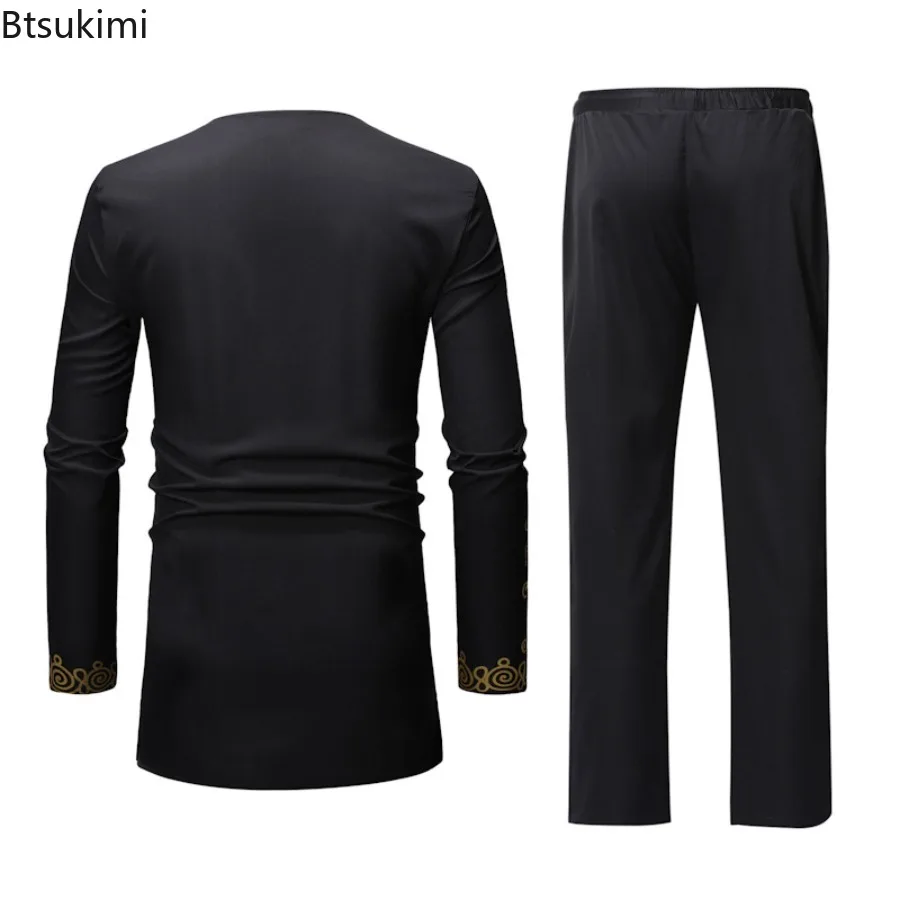 2025 Men's Long Sleeve Shirt Sets Fashion Printed Bronzing Robe T Shirt Trousers Two Piece Sets African Style Men Leisure Outfit - Image 2