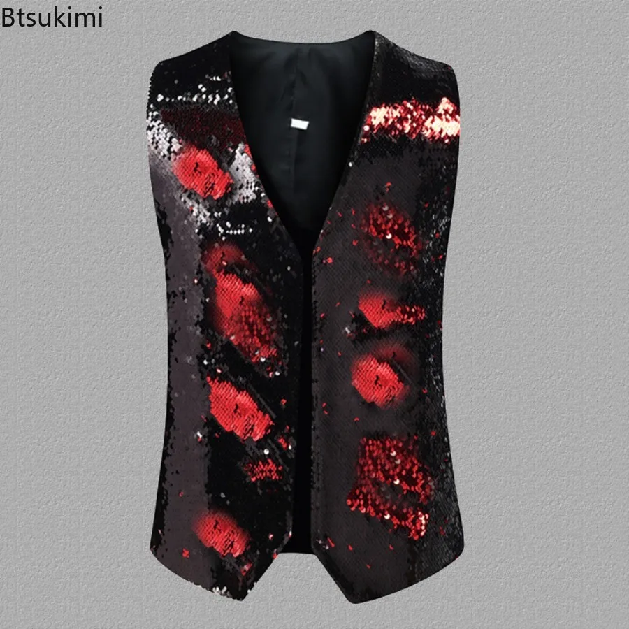 2025 Men's Double-sided Sequins Design Waistcoats Bar Stage Singer Performance Costumes Shinny Gradient Nightclub Dance Clothes - Image 5