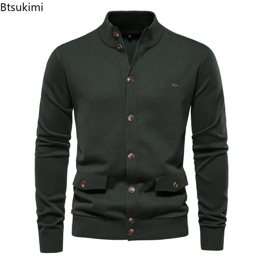 Knitted Cardigans Autumn Winter Men's Cotton Casual Sweaters High Quality Button Mock Neck Knitting Pockets Sweater Coats Male - Image 4