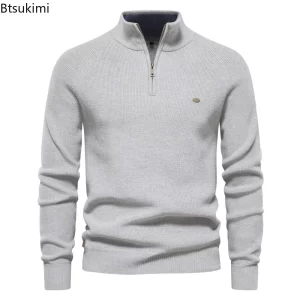 New Autumn Winter Men's Half Zipper Knitted Pullovers Solid Slim Casual Sweaters for Men Fashion Warm Stand Collar Sweater Coats