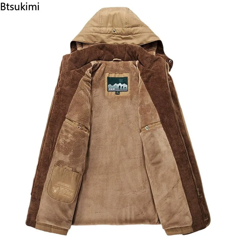 New Men's Winter Parkas Jackets Fleece Lined Thicken Multi Pocket Cargo Jackets Man Windproof Warm Cotton-padded Coats Plus Size - Image 6