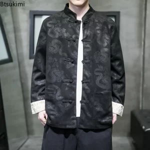 Autumn Winter New Men's Tang Dress Jacket Chinese Style Vintage Disc Buckle Jacquard Cardigan Hanfu Coat Traditional Men Clothes
