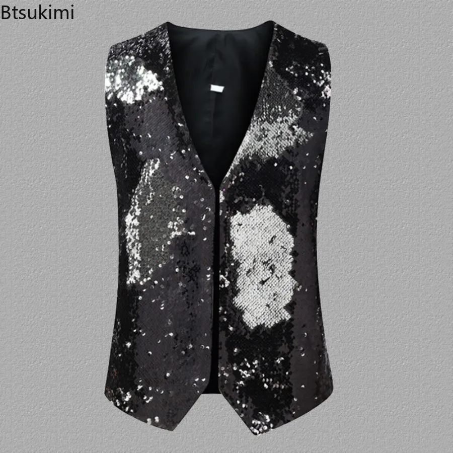 2025 Men's Double-sided Sequins Design Waistcoats Bar Stage Singer Performance Costumes Shinny Gradient Nightclub Dance Clothes - Image 2
