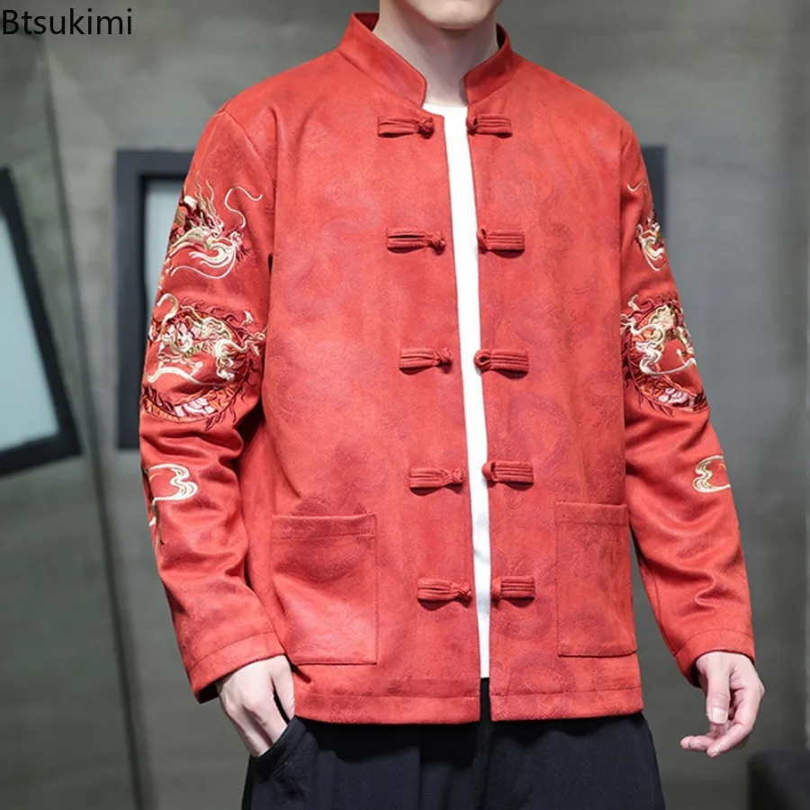 Chinese Style Men Jackets Traditional Dragon Embroidery Kung Fu Coats Spring Autumn Stand Collar Tang Suit Vintage Men Clothing - Image 3