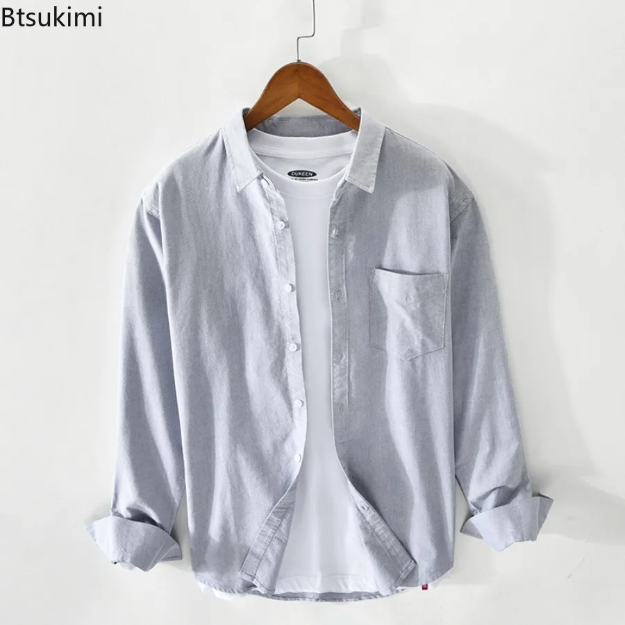 2025 Men's Clothing Solid Oxford 100% Cotton Long Sleeve Shirts Vintage Simple Casual Shirt Coats Fashion All-match Male Shirts - Image 3