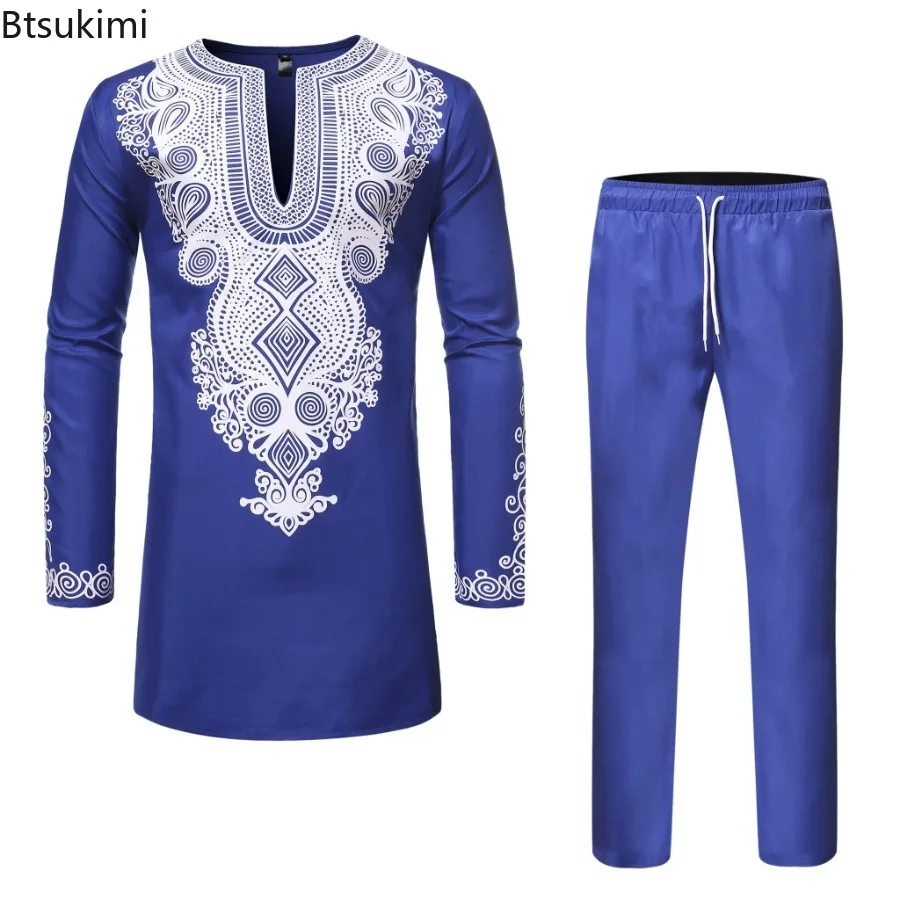 2025 Men's Long Sleeve Shirt Sets Fashion Printed Bronzing Robe T Shirt Trousers Two Piece Sets African Style Men Leisure Outfit - Image 3