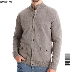 Knitted Cardigans Autumn Winter Men's Cotton Casual Sweaters High Quality Button Mock Neck Knitting Pockets Sweater Coats Male