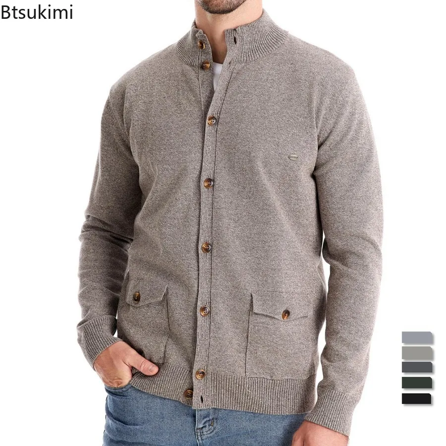 Knitted Cardigans Autumn Winter Men's Cotton Casual Sweaters High Quality Button Mock Neck Knitting Pockets Sweater Coats Male