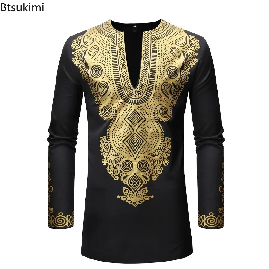 2025 Men's Long Sleeve Shirt Sets Fashion Printed Bronzing Robe T Shirt Trousers Two Piece Sets African Style Men Leisure Outfit - Image 5