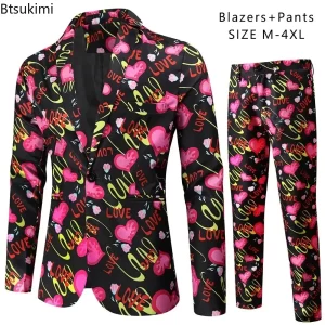 Fashion 3D Printed Men 2 Piece Sets Blazer and Pants Christmas Party Nightclub Hip Hop Singer Stage Costumes Valentine Day Sets