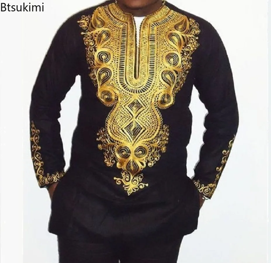 2025 Men's Long Sleeve Shirt Sets Fashion Printed Bronzing Robe T Shirt Trousers Two Piece Sets African Style Men Leisure Outfit - Image 6
