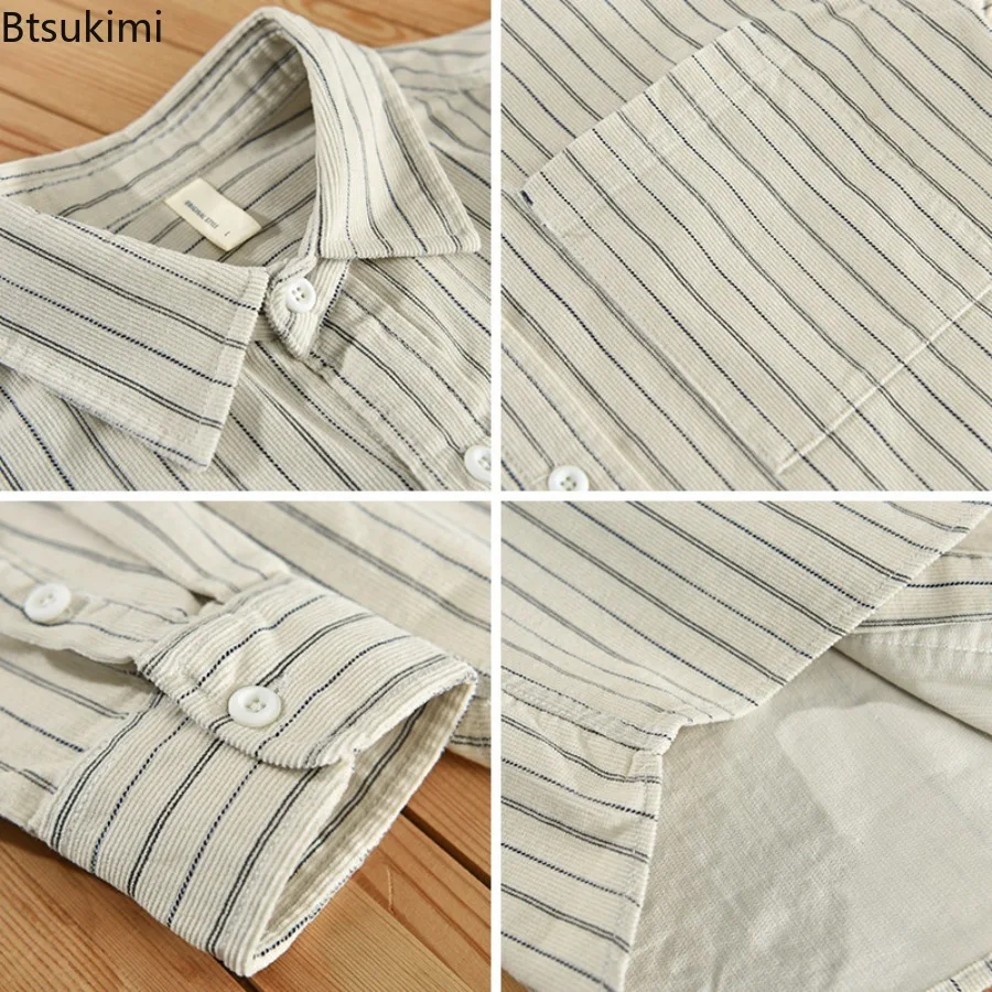 New Men's Corduroy Shirts Spring Autumn Long Sleeve Lapel Shirt Jacket Comfortable Cotton Casual Tops Men Vintage Striped Shirts - Image 4