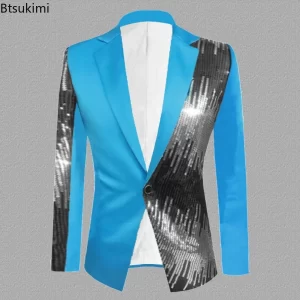2025 Men's Fashion Sequin Suit Jacket Color Blocking Design Men Luxury Shinny Stage Performance Costume Nightclub Singer Blazers