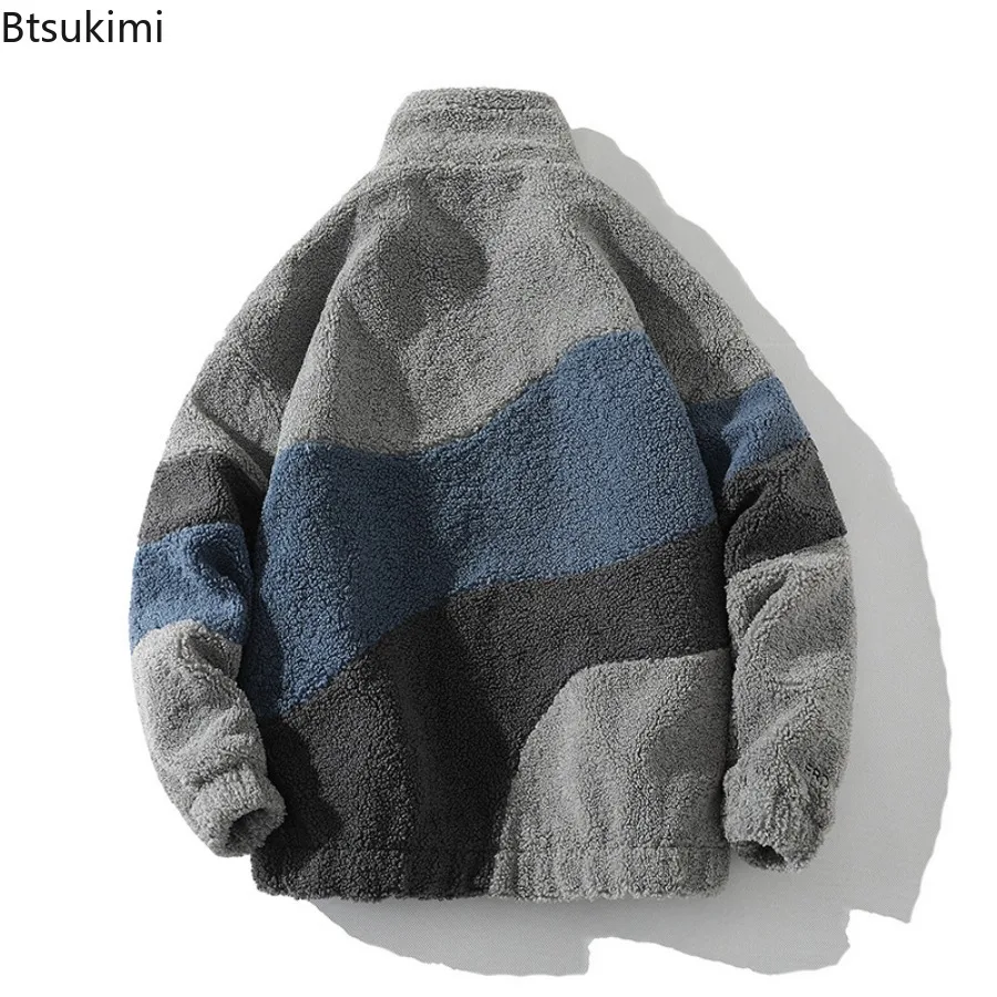 Autumn Winter Men's Lamb Fleece Jackets Fashion Contrast Color Stand Collar Warm Coats Thicken Casual Parkas Jackets Men Clothes - Image 2