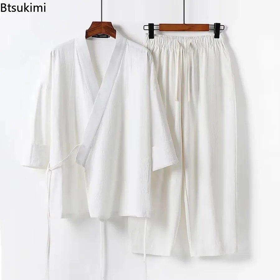 Oversized 9XL Tang Suit Men's Summer Cotton Linen Two Piece Sets Traditional Chinese Style Lace-up Kimono Tops+Pants Hanfu Male - Image 5