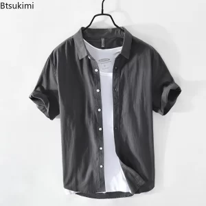 Summer Hot Sale Men's Short-sleeved Shirts Casual Streetwear Solid Color Button Up Cardigan Leisure Beach Style Blouses Men Tops