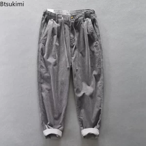 Vintage Spring Autumn Corduroy Pants for Men Loose Casual Drawstring Trousers Wide Leg Baggy Pants Hip Hop Streetwear Male Pants
