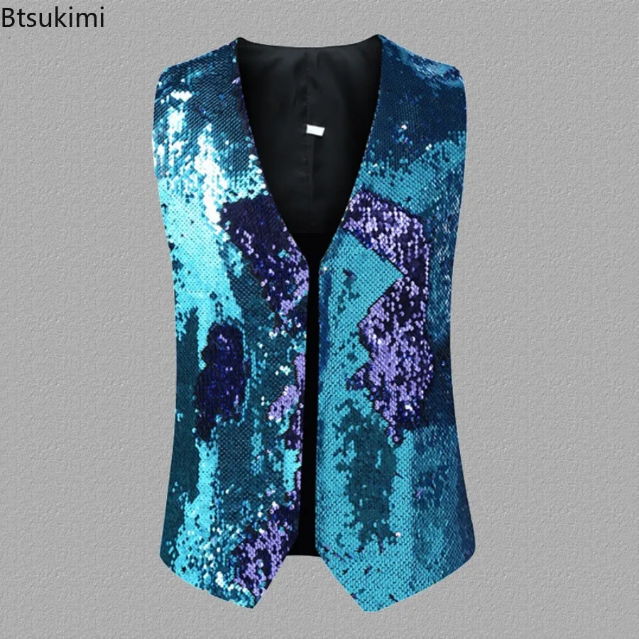 2025 Men's Double-sided Sequins Design Waistcoats Bar Stage Singer Performance Costumes Shinny Gradient Nightclub Dance Clothes - Image 4