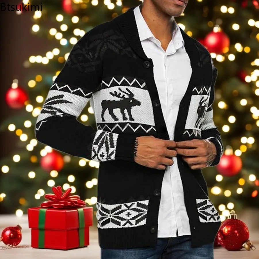 Christmas Sweaters New Men's Long Sleeve Knitted Sweater Coats Single Breasted Casual Knit Cardigan High Grade Jacquard Sweaters - Image 5