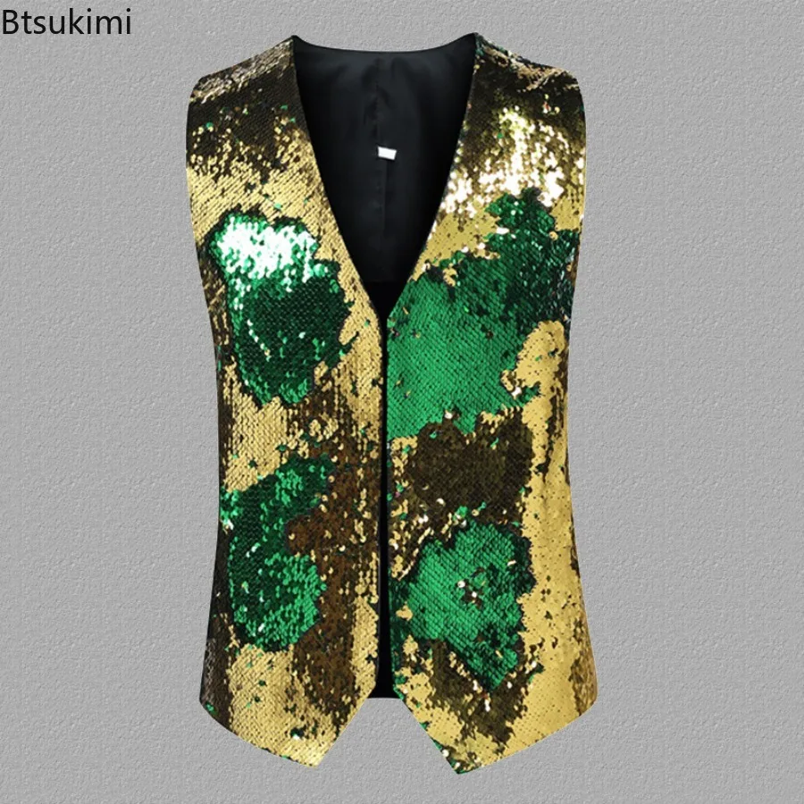 2025 Men's Double-sided Sequins Design Waistcoats Bar Stage Singer Performance Costumes Shinny Gradient Nightclub Dance Clothes - Image 6