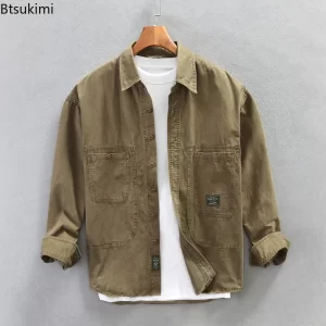 Classic Retro Cargo Shirts Men's 100% Cotton Long Sleeve Lapel Shirt Jackets Spring Autumn New Casual Cardigans Male Loose Tops