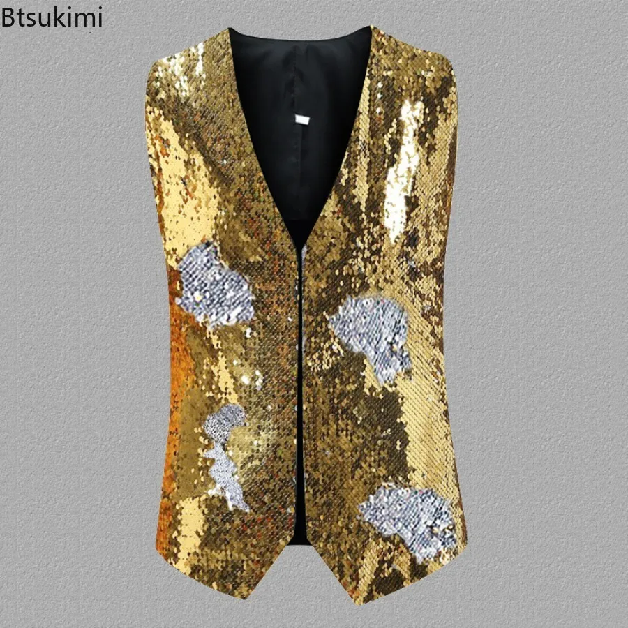 2025 Men's Double-sided Sequins Design Waistcoats Bar Stage Singer Performance Costumes Shinny Gradient Nightclub Dance Clothes - Image 3