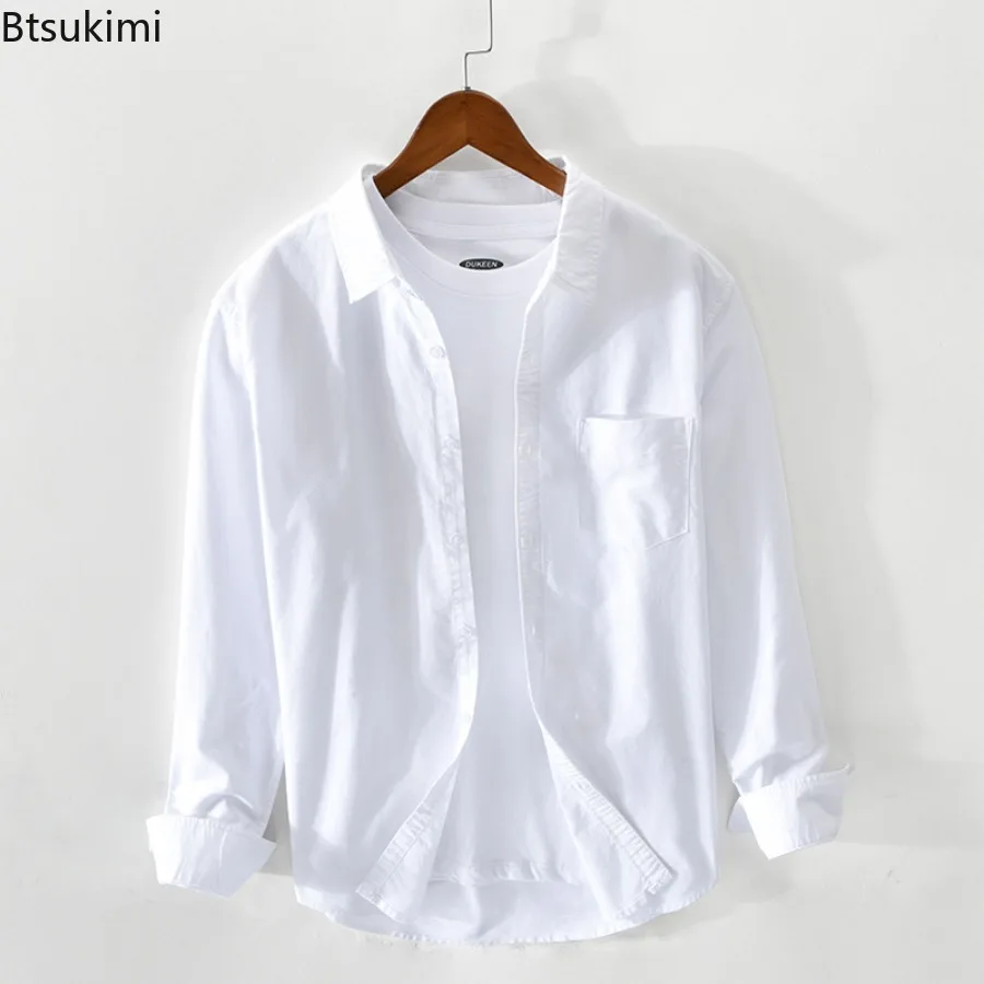 2025 Men's Clothing Solid Oxford 100% Cotton Long Sleeve Shirts Vintage Simple Casual Shirt Coats Fashion All-match Male Shirts - Image 2