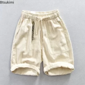 Summer Vintage Cotton Linen Shorts for Men Fashion Simple Loose Drawstring Pocket Cargo Shorts Men Daily Versatile Casual Shorts