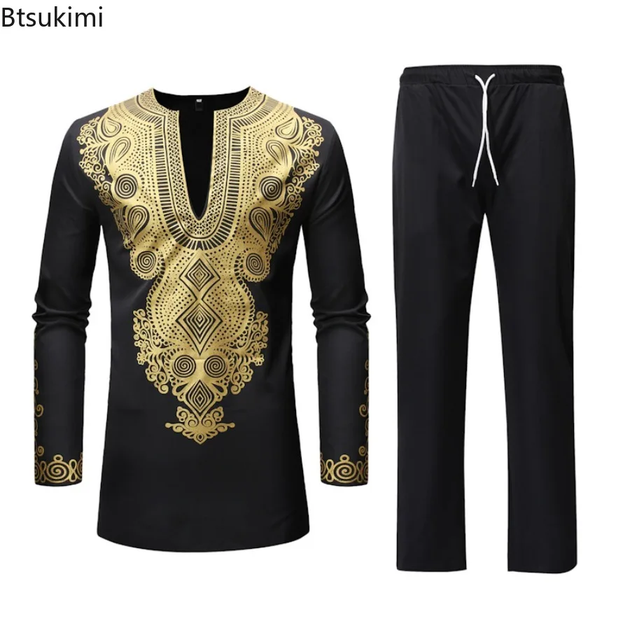 2025 Men's Long Sleeve Shirt Sets Fashion Printed Bronzing Robe T Shirt Trousers Two Piece Sets African Style Men Leisure Outfit