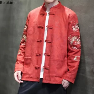 Chinese Style Men Jackets Traditional Dragon Embroidery Kung Fu Coats Spring Autumn Stand Collar Tang Suit Vintage Men Clothing