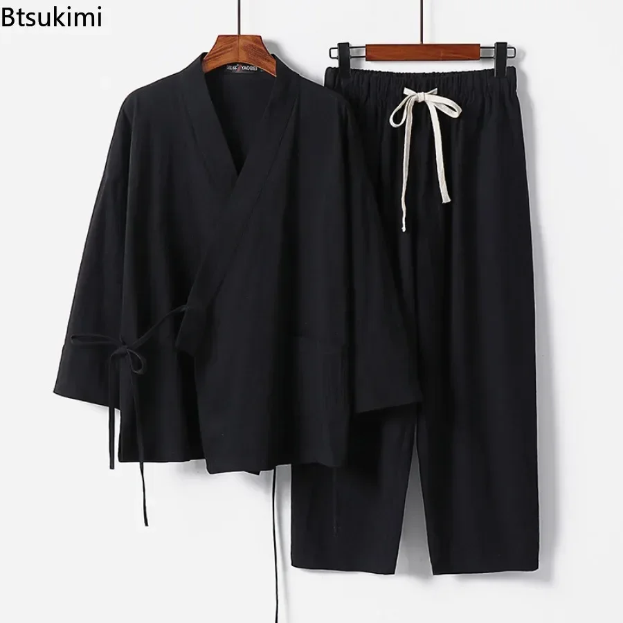 Oversized 9XL Tang Suit Men's Summer Cotton Linen Two Piece Sets Traditional Chinese Style Lace-up Kimono Tops+Pants Hanfu Male - Image 3
