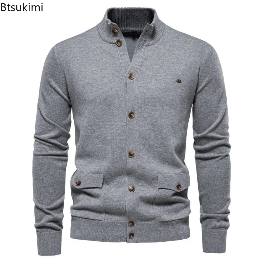 Knitted Cardigans Autumn Winter Men's Cotton Casual Sweaters High Quality Button Mock Neck Knitting Pockets Sweater Coats Male - Image 6