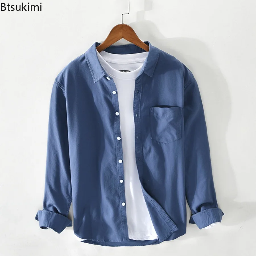 2025 Men's Clothing Solid Oxford 100% Cotton Long Sleeve Shirts Vintage Simple Casual Shirt Coats Fashion All-match Male Shirts - Image 6