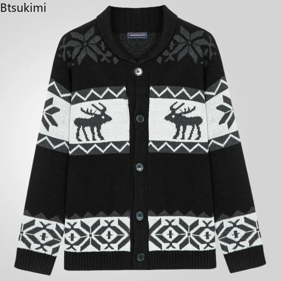 Christmas Sweaters New Men's Long Sleeve Knitted Sweater Coats Single Breasted Casual Knit Cardigan High Grade Jacquard Sweaters - Image 2