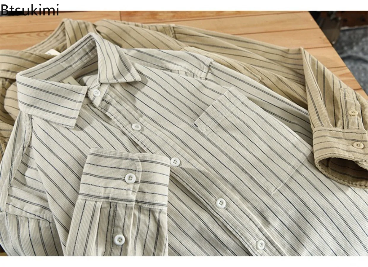 New Men's Corduroy Shirts Spring Autumn Long Sleeve Lapel Shirt Jacket Comfortable Cotton Casual Tops Men Vintage Striped Shirts - Image 6