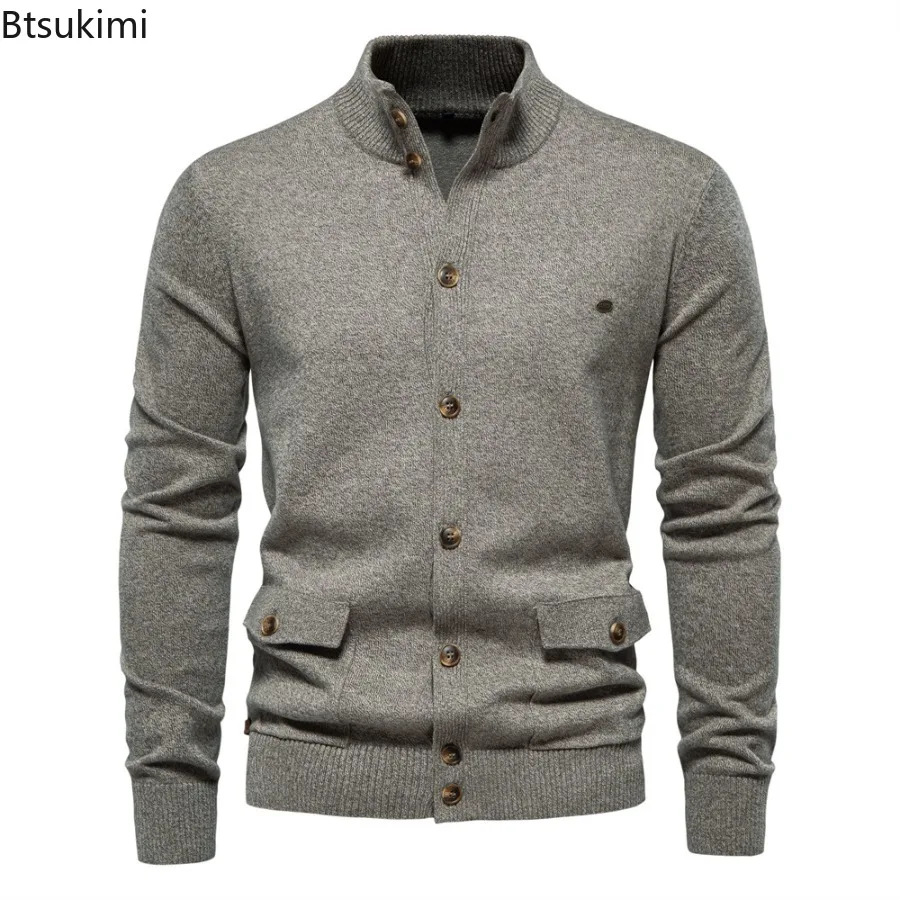 Knitted Cardigans Autumn Winter Men's Cotton Casual Sweaters High Quality Button Mock Neck Knitting Pockets Sweater Coats Male - Image 2
