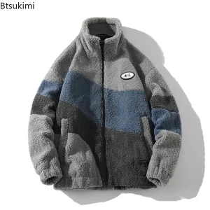 Autumn Winter Men's Lamb Fleece Jackets Fashion Contrast Color Stand Collar Warm Coats Thicken Casual Parkas Jackets Men Clothes