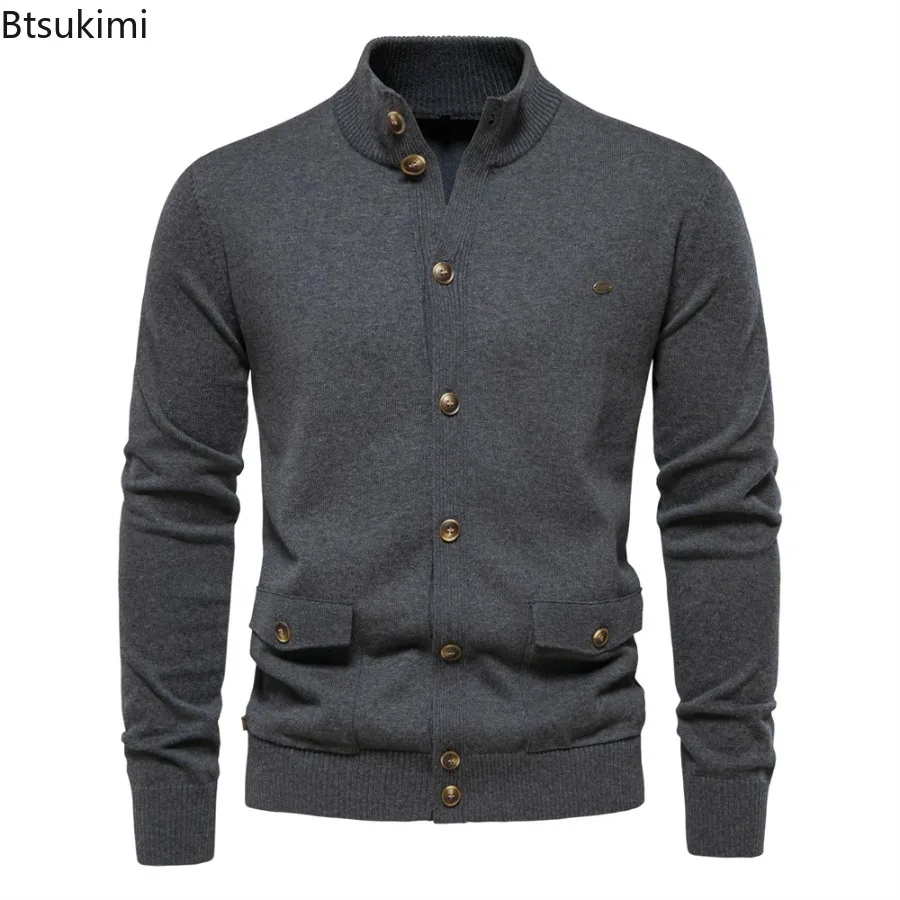 Knitted Cardigans Autumn Winter Men's Cotton Casual Sweaters High Quality Button Mock Neck Knitting Pockets Sweater Coats Male - Image 5