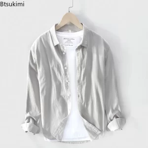 Spring and Summer New Plain Color Long Sleeve Shirts for Men Fashion Vintage Streetwear Single Breasted 100%Cotton Casual Shirts