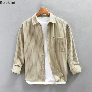 New Men's Corduroy Shirts Spring Autumn Long Sleeve Lapel Shirt Jacket Comfortable Cotton Casual Tops Men Vintage Striped Shirts