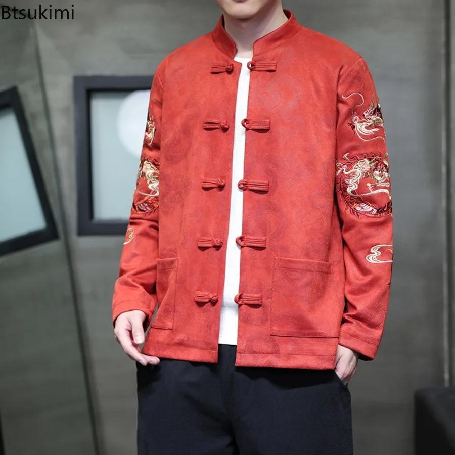 Chinese Style Men Jackets Traditional Dragon Embroidery Kung Fu Coats Spring Autumn Stand Collar Tang Suit Vintage Men Clothing - Image 4