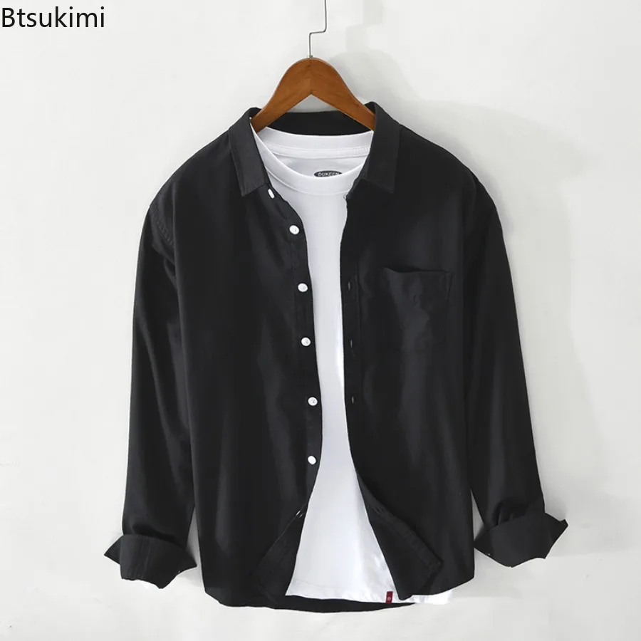 2025 Men's Clothing Solid Oxford 100% Cotton Long Sleeve Shirts Vintage Simple Casual Shirt Coats Fashion All-match Male Shirts - Image 5