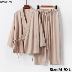 Oversized 9XL Tang Suit Men's Summer Cotton Linen Two Piece Sets Traditional Chinese Style Lace-up Kimono Tops+Pants Hanfu Male