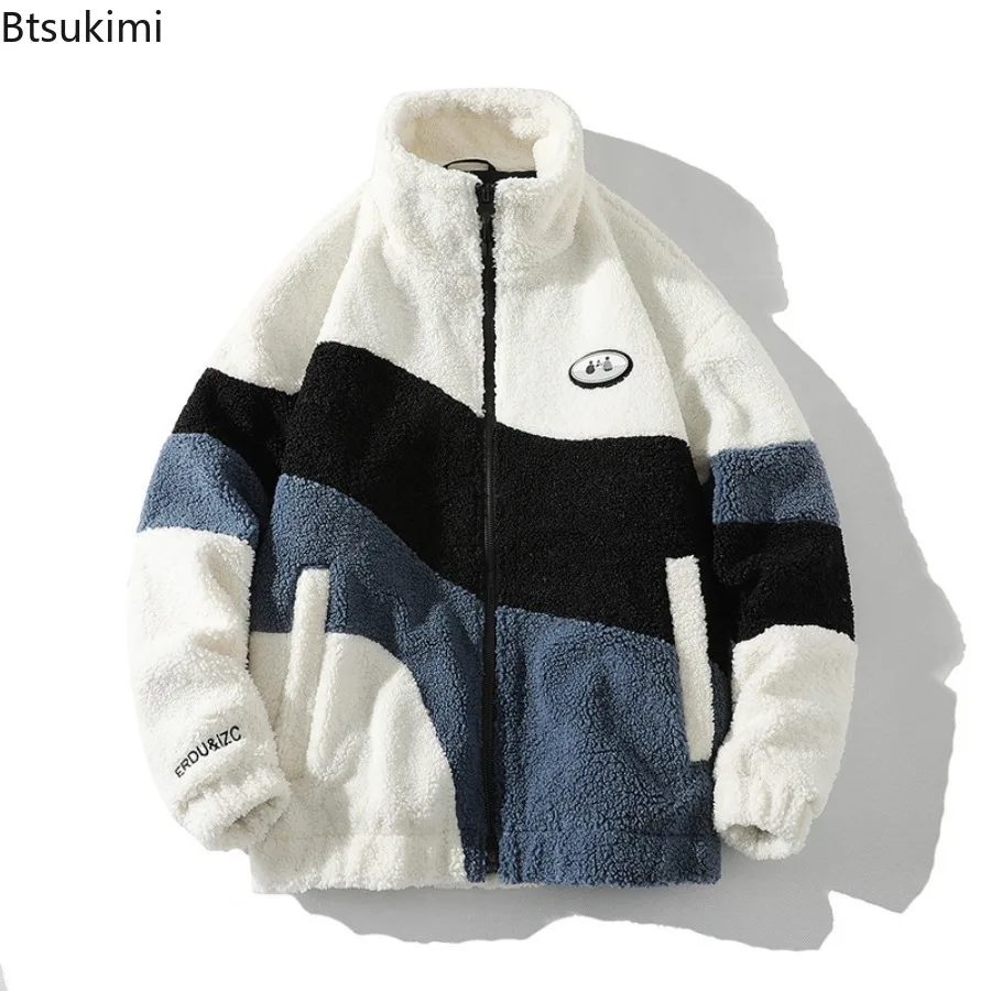 Autumn Winter Men's Lamb Fleece Jackets Fashion Contrast Color Stand Collar Warm Coats Thicken Casual Parkas Jackets Men Clothes - Image 4