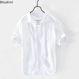Cotton Linen Shirts Men's Solid Short Sleeve Shirts Casual Fashion Simple Lapel Cardigan Tops Summer Classic Basic Men Clothing