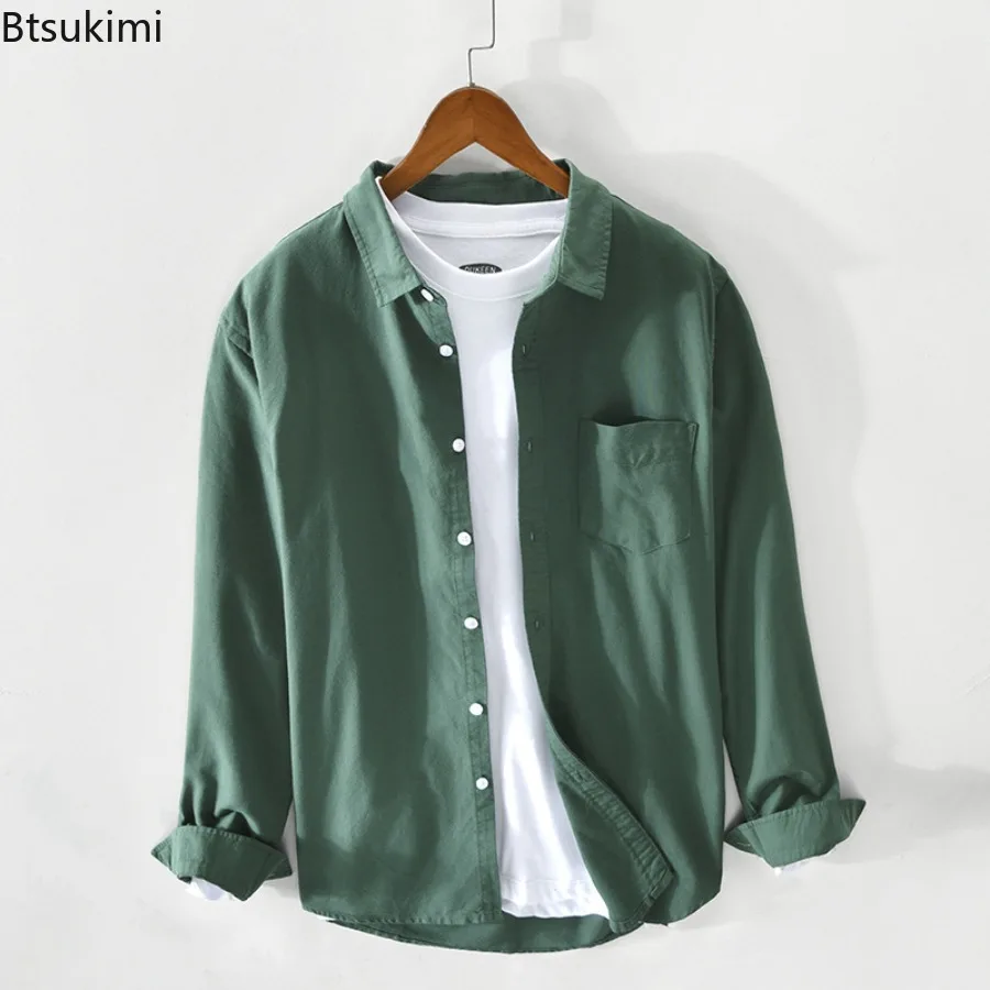 2025 Men's Clothing Solid Oxford 100% Cotton Long Sleeve Shirts Vintage Simple Casual Shirt Coats Fashion All-match Male Shirts - Image 4