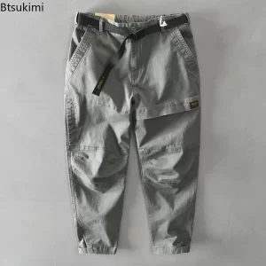 2025 Men's Solid Color Cotton Cargo Pants Japanese Style Casual Baggy Trouser Fashion Streetwear Autumn Winter Men Clothes Pants